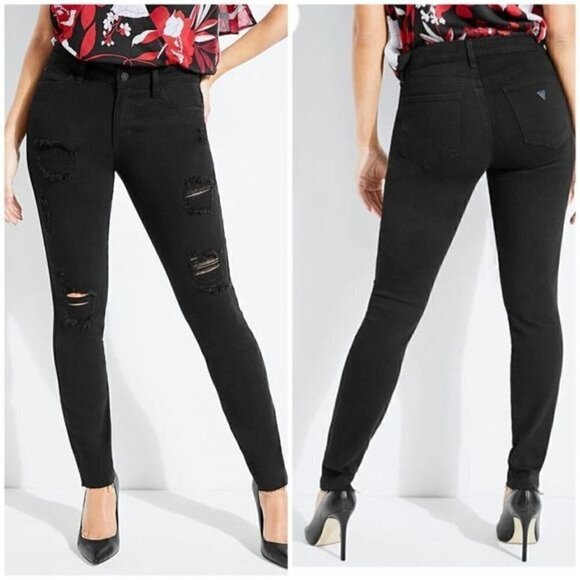 Guess Sexy Curve Skinny Jeans Black Distressed Destroyed Raw Hem Sz 26 - Picture 1 of 15